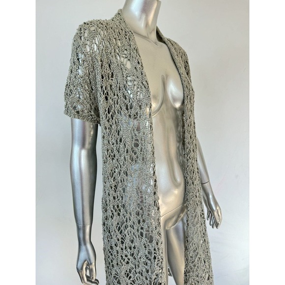 Eileen Fisher Knit Duster Cardigan Sz Small Sage Green Luster Long Open Crochet - Picture 3 of 7
